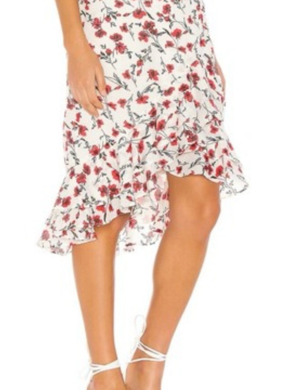 Tularosa Revolve White Floral High-Low Ruffle Skirt with Red Blossoms